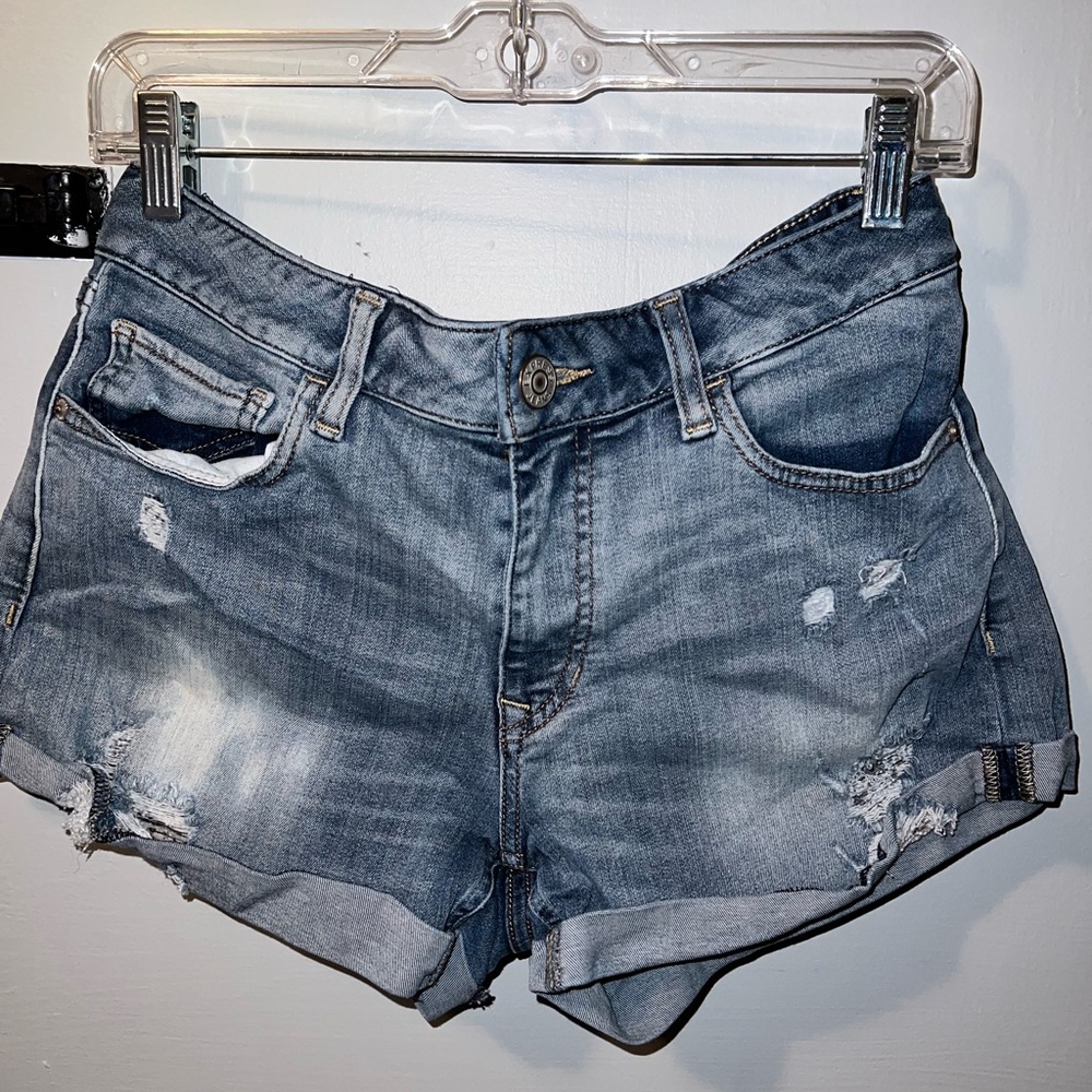 Express Jean Shorts size 10 Blue distressed, ripped, Cuffed Cotton Denim